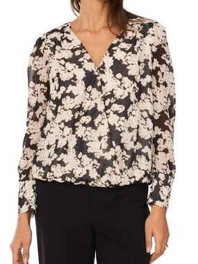 Vince Camuto Black Floral Surplice Blouse with Cream Print